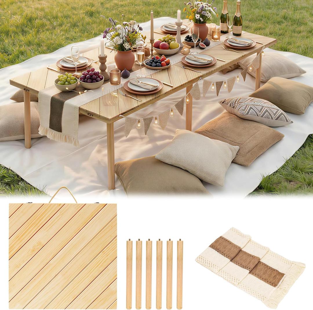 60 x 30'' Folding Picnic Table, Boho Low Picnic Table with Table Runner, No Assembly Required Camping Table Beach Table for Indoor Outdoor Camping, Wedding, Beach, Garden, Party