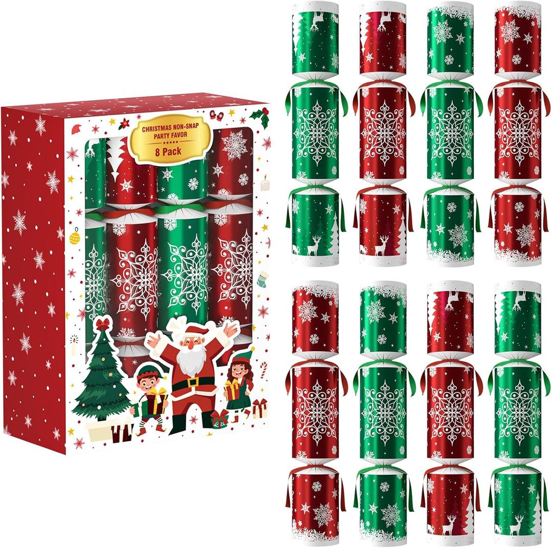 8 Pack Christmas Party Favor: Non-Snap Crackers Holiday Party Table Favors with Hats Jokes & Toys, Great Christmas Gifts & Prizes for Kids and Adults, Perfect for Family Dinners, Traditions