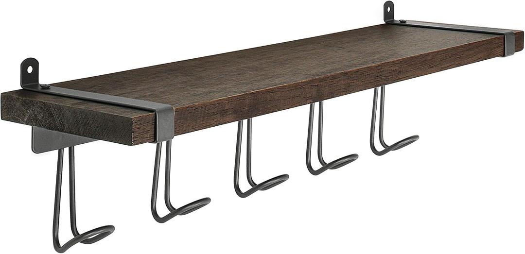 Spectrum Vintage Living Entryway Shelf with Hooks Wall Mounted Five Hook Coat Rack for Entryway Storage & Mudroom, Rustic Industrial Wood Shelf with Hooks for Coats Jackets & More, Industrial Gray