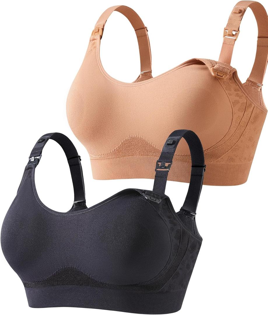 HOFISH Nursing Bras for Breastfeeding, TwinClips Wearable Pump Bra Fixed Pad, Adjustable Support Maternity Bra for Pregnancy (Medium, Nipple Pad-brown+darkblue)