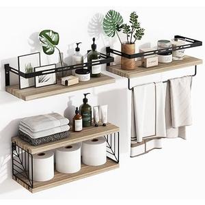 Fixwal 3+1 Bathroom Shelves Over Toilet, Floating Shelves Wall Mounted with Metal Frame and Towel Bar for Bathroom, Kitchen, Bedroom, Living Room (Rustic Brown)