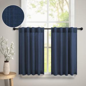 Navy Linen Curtains for Kitchen Farmhouse Country 24 Inch Length 2 Panel Back Tab Pocket Light Filtering Sheer Short Cafe Tier Small Window Curtain for Bathroom Basement Doorway 30x24 Dark Blue Indigo