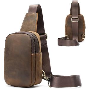 Genuine Leather Sling Bags for Men Crossbody Purse Vintage Small Messenger Shoulder Bag for Phone Side Chest Daypack Bag (Brown)