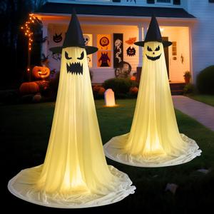 2 Pack Halloween Ghost Decorations Outdoor, Light Up Spooky Ghost with Witch Hat,Halloween Party Scary Ghosts Decor with LED Lights for Porches Yards Gardens Lawn Indoor