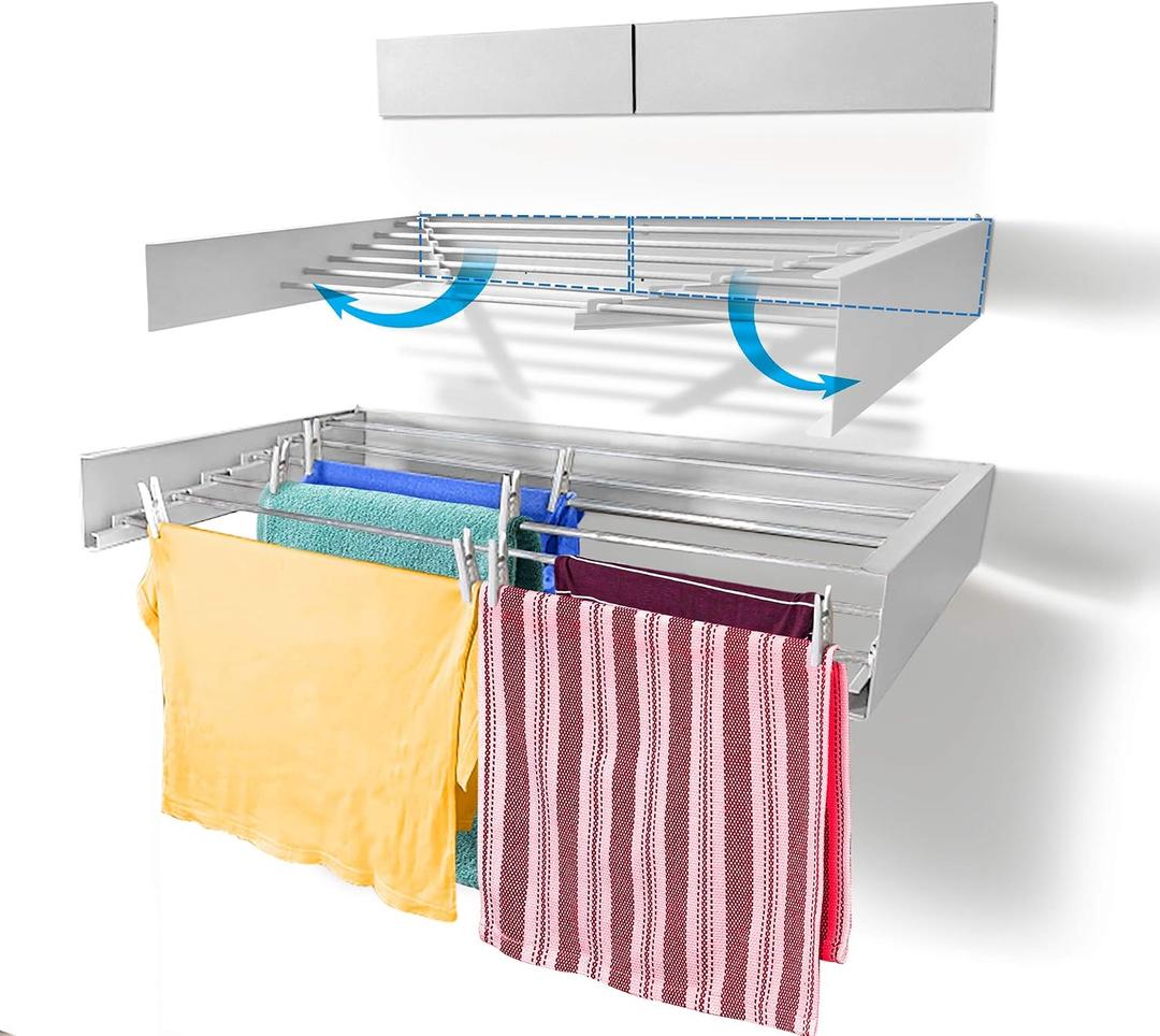 Step Up Laundry Drying Rack, Wall Mounted, Retractable Clothes Drying Rack, 60lbs Capacity, 20 Linear Ft, with Wall Template and Long Screwdriver Bit (40" White), 40" Wide