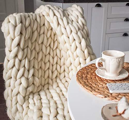 MLMGUO Chunky Knit Blanket Hand Made Merino Wool Throw Boho Bedroom Sofa Home Decor Giant Yarn(Ivory White 40"x60")