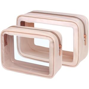 PACKISM TSA Approved Toiletry Bag - 2 Pack Upgrade Color-Edged Clear Makeup Bag, Clear Toiletry Bag For Traveling Fits Various Storage Needs, Pink (2 Sizes)