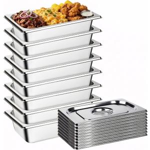 8Pack Hotel Pans, Steam Table Pans Stainless Steel Hotel Pans with Lids, 1/4 Size Catering Pans 2.55" Deep Anti-Jam Stackable Steam Pans Dishwasher & Oven Safe, for Catering Buffet Commercial Use