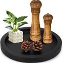 Rustic Decorative Wooden Serving Tray Home Decor Round Ottoman Coffee Table Trays Farmhouse Living Room Dinner Table Centerpiece Accessories Wood Candle Holder Tray for Kitchen Counter Bathroom Vanity (12", Black)