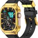 Band with Stainless Steel Case Compatible with Apple Watch Series Ultra 1 2 3 49mm Band, iwatch Bands Rugged Metal Protective Cover for Men (Gold)