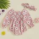 FOMOYUU Newborn Baby Girl Romper Fall Long Sleeve Square Neck Smocked Flower Print Clothes Outfit with Headband (Pink)