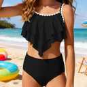 AMAWMW Girls Swimsuit 2 Piece Bikini Set Tiered Ruffled Bathing Suit Two Piece Girls' Swimwear with Adjustable Straps, Size 13-14Y (Black)