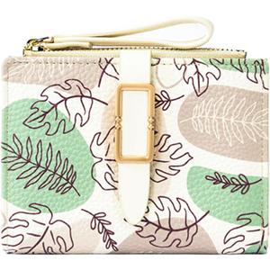 Small Soft Pocket Floral Wallet for Women, Bifold Purse with ID Window, Zipper Coin Pocket, card slots (Leaf green)