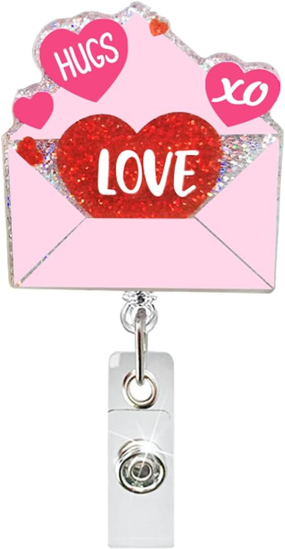 Valentine's Day Love Letter Nurse Badge Reel Retractable Glitter Cute Pink Red Name Tag Acrylic Alligator Clip Valentines Badge Clip ID Badge Holder for Nurse Work Teacher RN Student Cop Office Staff