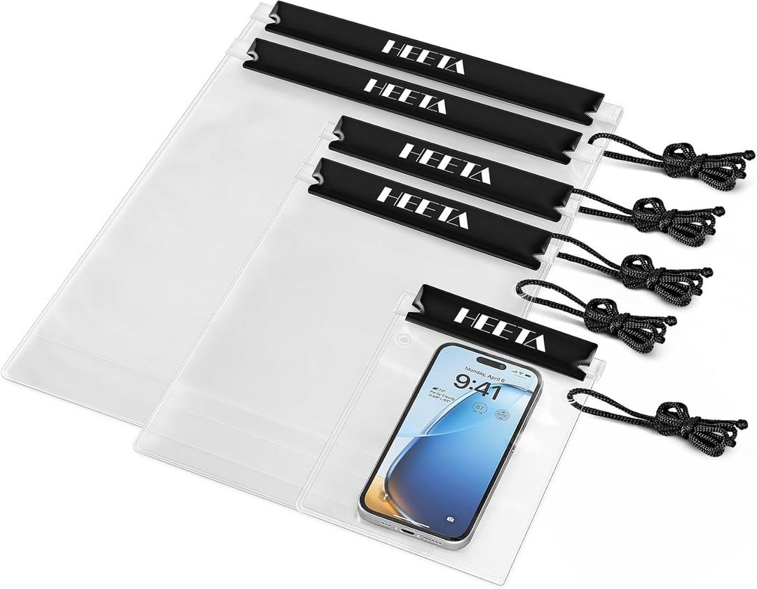 HEETA 5-Pack Clear Waterproof Dry Bag Pouch, Water Tight Cases Dry Bags Document Holder for Camera Mobile Phone Maps, Kayaking Boating (Black)