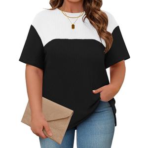 Womens Plus Size Short Sleeve Color Block Pullover Tunic Tops Summer Casual Crewneck Side Split T Shirts (2X)