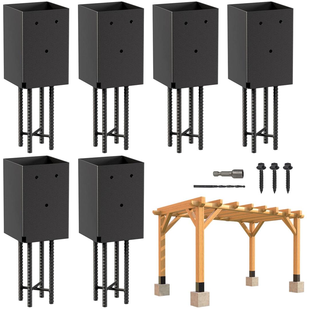 6 Pack 4x4 Metal Post Base Holder Bracket for Concrete Deck (Black) | Internal 3.5"x3.5", Post Anchor Brackets Ground Spike, For Concrete Deck, For Wood Fence, Railing, Pergola, Porch