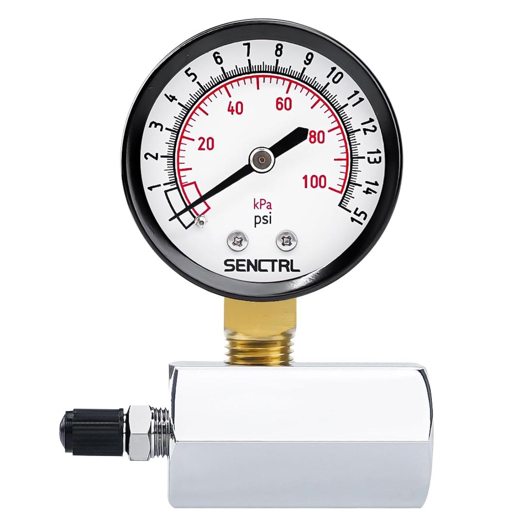 SENCTRL 0-15 Psi Gas Pressure Test Gauge, 2" Dial Size, 3/4" FNPT Connection, Brass Valve, Chrome Plated Steel Body Assembly