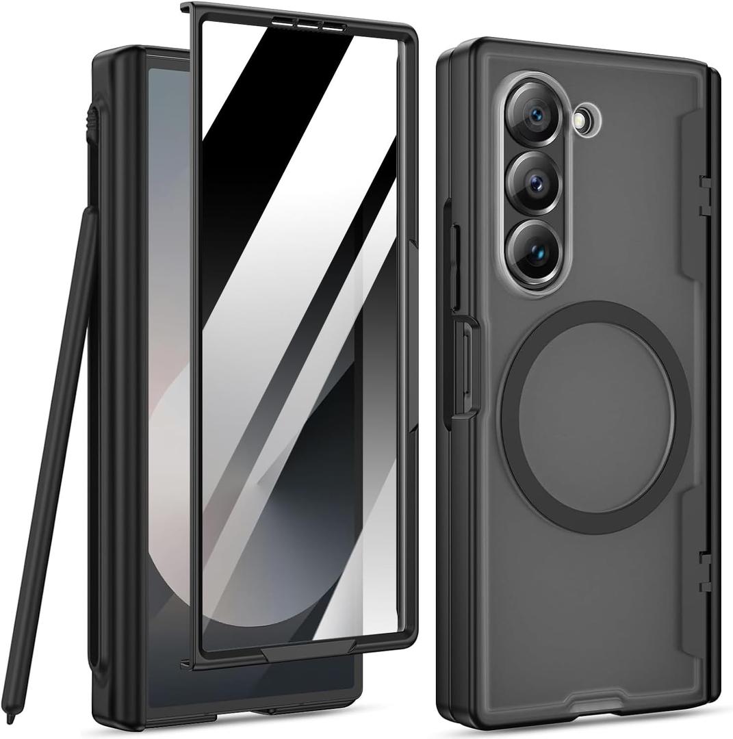 Magnetic for Samsung Galaxy Z Fold 6 Privacy Case,Z Fold6 Phone Case with [Hinge Protection][S Pen Holder][Anti Spy Screen Protector],Frosted Protective Slim Cover for Samsung Fold Z 6,Black