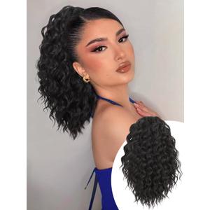  Ponytail Extension 12 Inch Long Wavy Curly Ponytails Drawstring Ponytail for Black Women Natural Black Pony Tails Hair Extensions Synthetic Hairpiece for Daily Use
