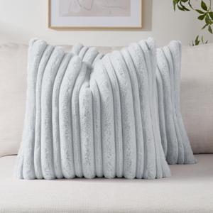 FUTEI Pack of 2 Faux Rabbit Fur Throw Pillow Covers 18x18 Inch Soft Fluffy Thick & Thin Striped Textured Decorative Cushion Case Modern Farmhouse Accent for Couch Bed Living Room, Light Blue