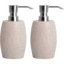Clasin Home Sandstone Textured Resin Soap Dispenser with Metallic Pump and Waterproof Bottle Labels for Bathroom Kitchen Dish Hand Wash Shower Lotion Shampoo, 12 Oz, 2 Sets Beige