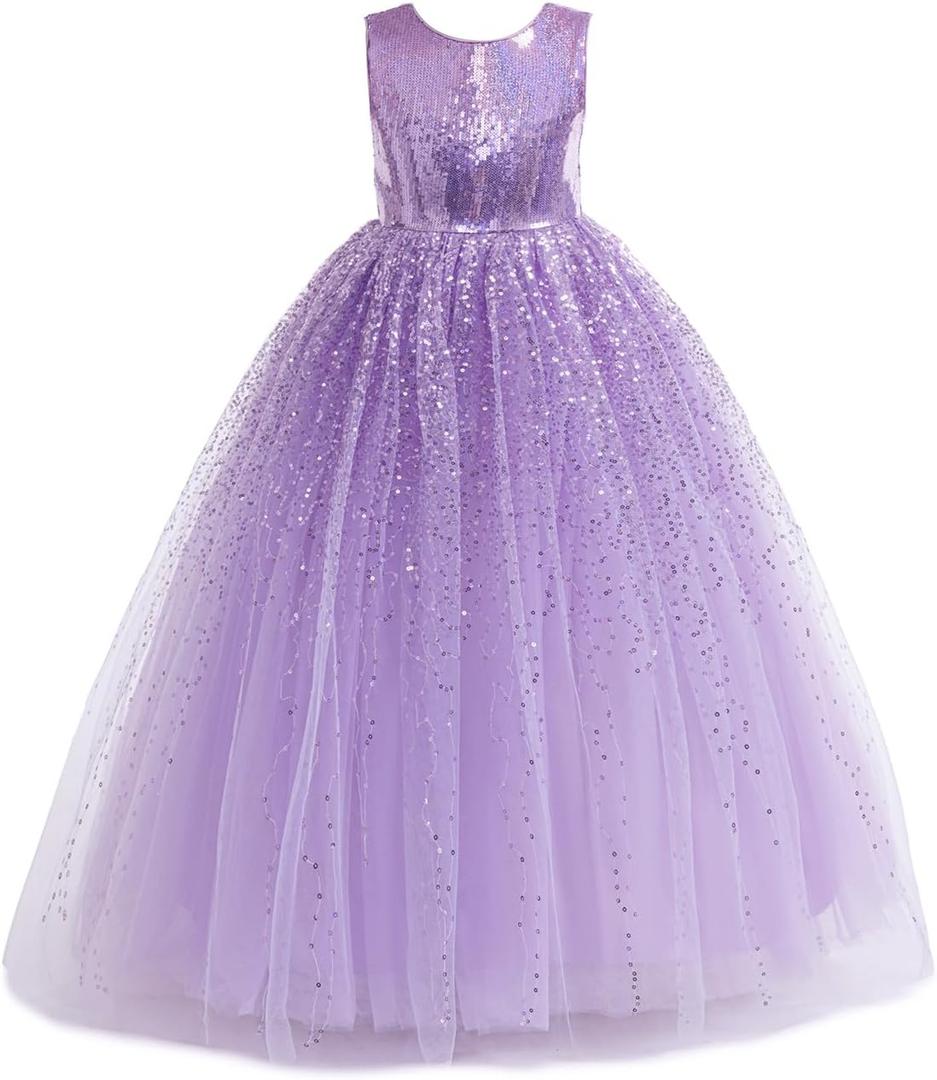 Flower Girls Sequin Dress Bridesmaid Sparkle Formal Wedding Party Birthday Kids Pageant Princess Prom Ball Gown (Purple, 10-11 Years)