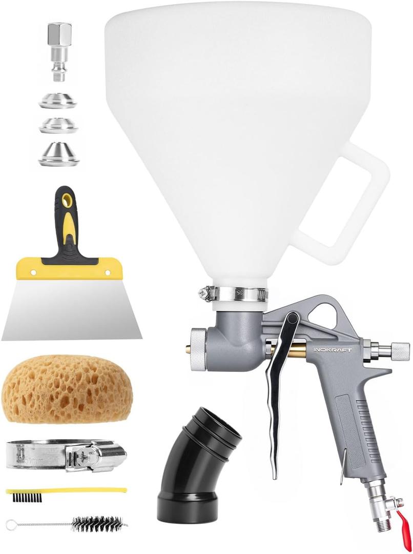 InoKraft TexCraft Drywall Texture Spray Gun with 1.32 Gallon Hopper, 3 Nozzles (4.5/6.0/8.0mm) for Knockdown Popcorn, Drywall Hopper Texture Sprayer for Wall, Ceiling, Patch Works, Elbow Hose Included