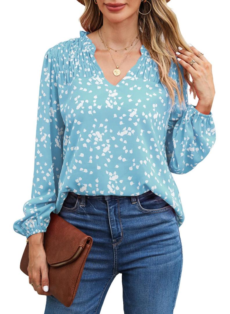 BLENCOT Boho Floral Print Chiffon Blouses for Women Smocked V Neck Long Sleeve Loose Tops Shirts Light Blue XL (Blue, XL)