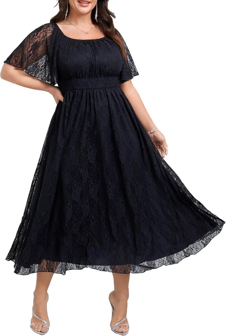 Women's Plus Size Wedding Guest Dress Lace Square Neck Short Sleeve Flowy A Line Formal Maxi Dresses, 3XL