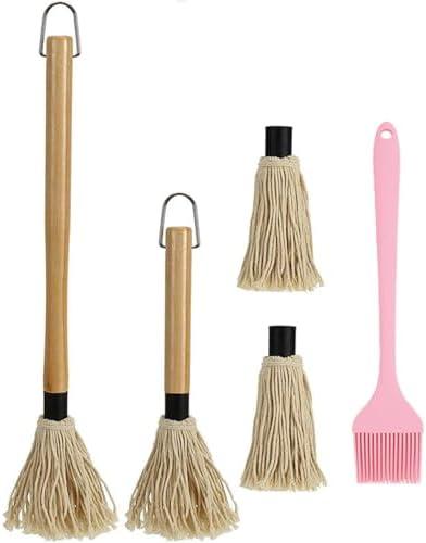 2 Pack BBQ Mop Brushes, Grill Basting Mop Wooden Long Handle with 2 Extra Replacement Heads for Barbecue Grilling Smoking Steak 11 + 18 Inch