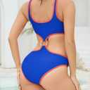 Cromi Women Side Cutouts O-Ring Linked One Piece Swimsuit Blue and Orange S (S)