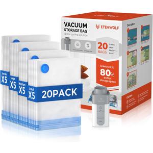 ETENWOLF 20 Pack Vacuum Storage Bags with Rechargeable Wireless Pump, Vacuum Seal Bags for Clothes and Travel, Space Saver Bags in Multiple Carry-On Sizes, Perfect for Luggage and Suitcases