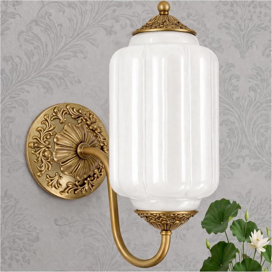Vintage White Milk Glass Wall Sconce, Antique Gold Brass Finish, E12 LED Bulb Included, Farmhouse Wall Lighting Fixture for Bathroom Vanity, Bedroom, Hallway, Entryway(White), 12.5IN x 5.5IN