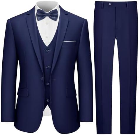 LUPURTY 3 Piece Suits for Men,Men's Suit Slim Fit,Business Solid One Button Wedding Tuxedo Blazer Vest Pants Set, L