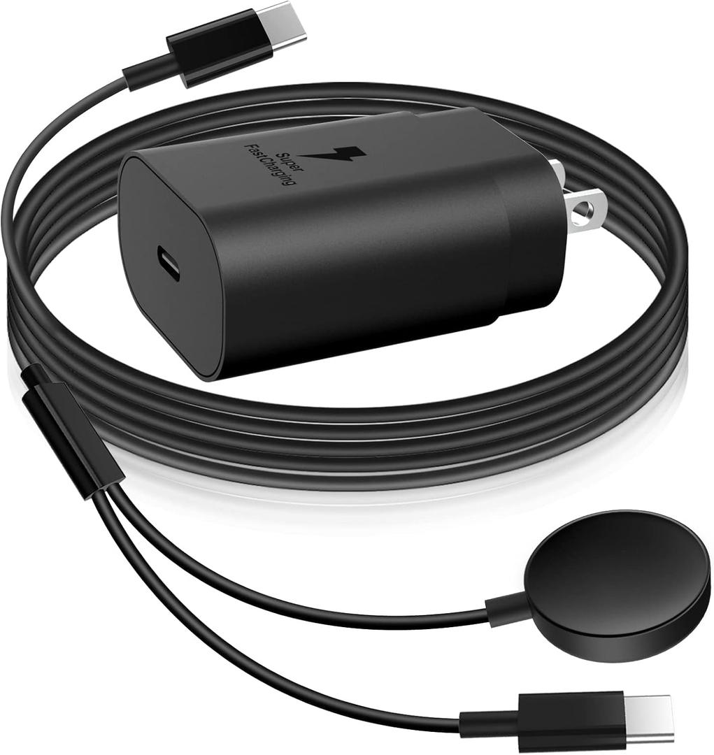 25W USB C Charger, 2 in 1 Watch Charger Compatible for Samsung Galaxy Watch 7/FE/6/6 Classic/5 Pro/5/4/3/Active2/1 and Galaxy S25/S24/S23/S22/21/20 Note20/10/Z Fold 6(4.9 ft)