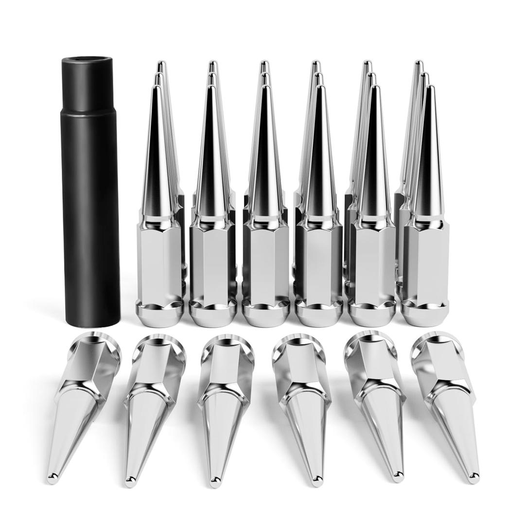 14x1.5 Spiked Lug Nuts 6x5.5 Chevy, Chrome Spike Lug Nuts Chevy Silverado 6 Lug Conical Bulge Seat with 1 Socket Key Fit Silverado Suburban GMC Sierra Yukon Dodge Ram 1500 Ford F150 Aftermarket Wheel (24PC)