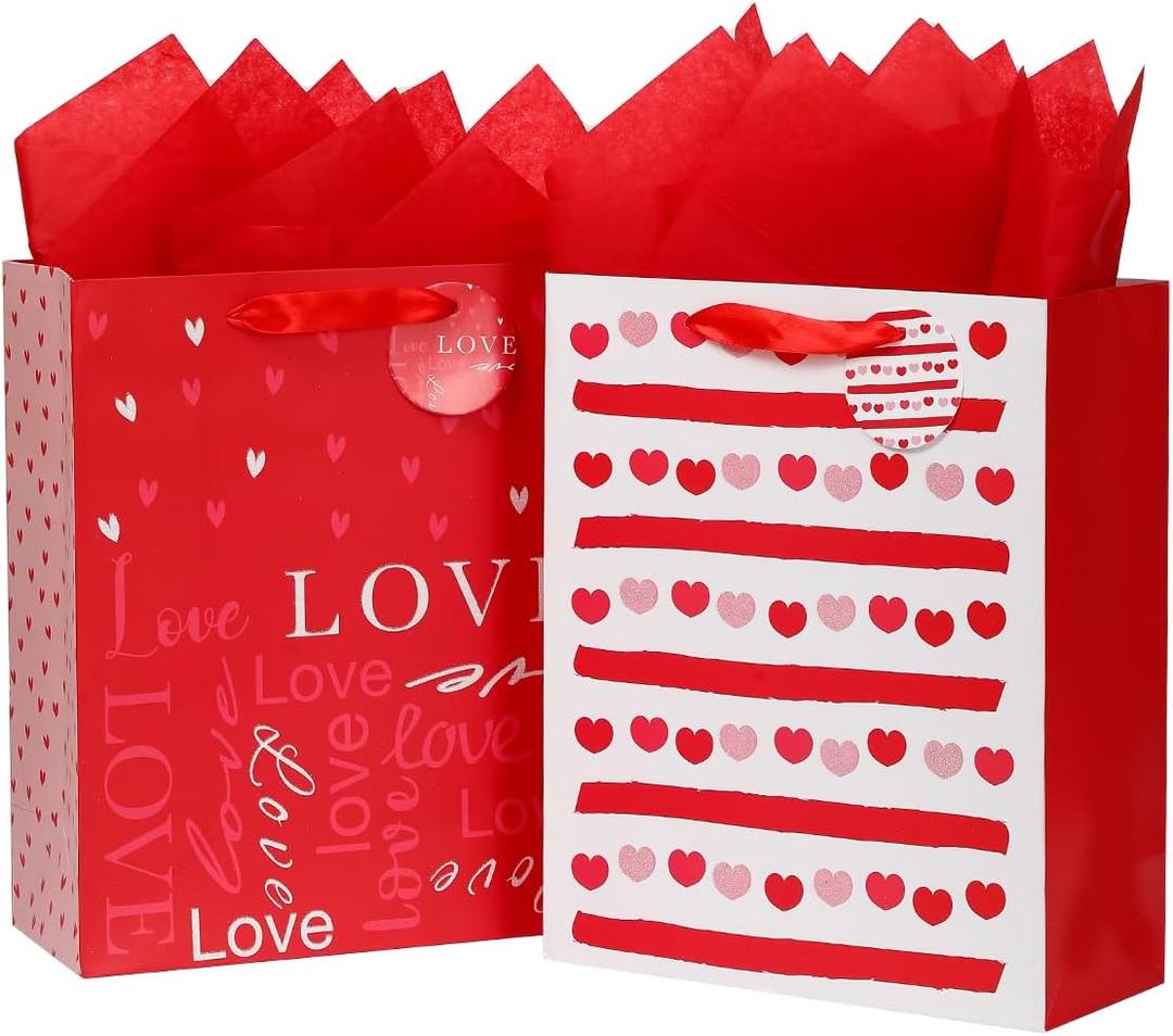 Vammy 13" Large Valentine's Day Gift Bag with Tissue Paper, 2 Pack Paper Gift Bags (Love, Heart) for Valentine's Day Birthday Mother's Day (Red)