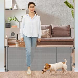 24 Inches Tall Retractable Baby gate for Dogs, Short Pet Gates to Step Over, Extends up to 55" Wide, Reinforced Mesh Doggie Gates for Indoors Outdoors Small Dog Gate for Stairs Puppy Gate (Grey) (Gray)