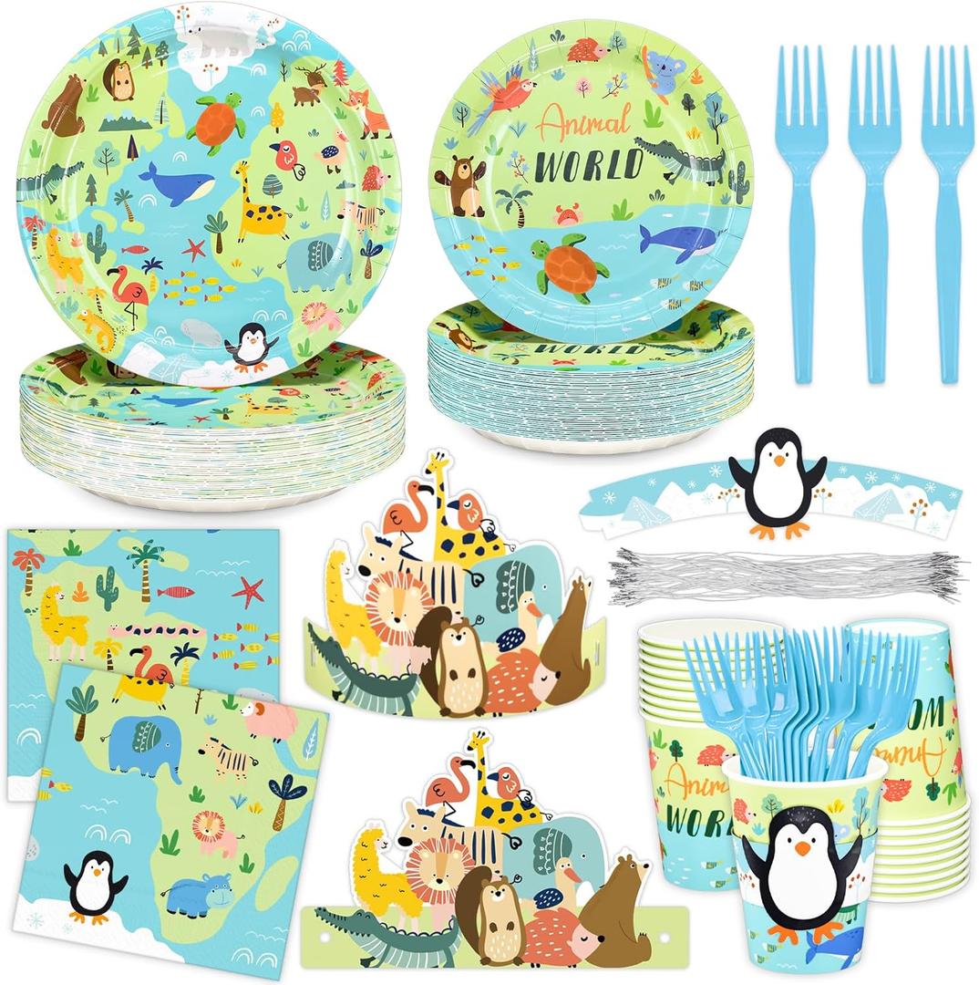 safari Animal Birthday Party Decorations Jungle Theme party plates and napkins set Ocean Animals Party Supplies dinner Plates Napkins Penguin Cup Sleeves Jungle safari Birthday Crowns Forks for party
