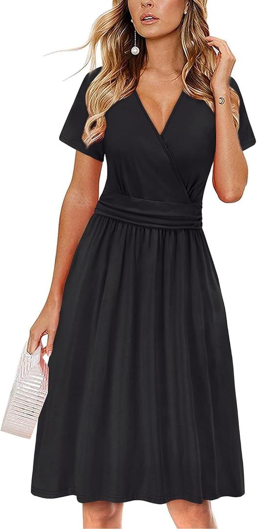 OUGES Women's Summer Short Sleeve V-Neck Floral Short Party Dress with Pockets (Large, Black)