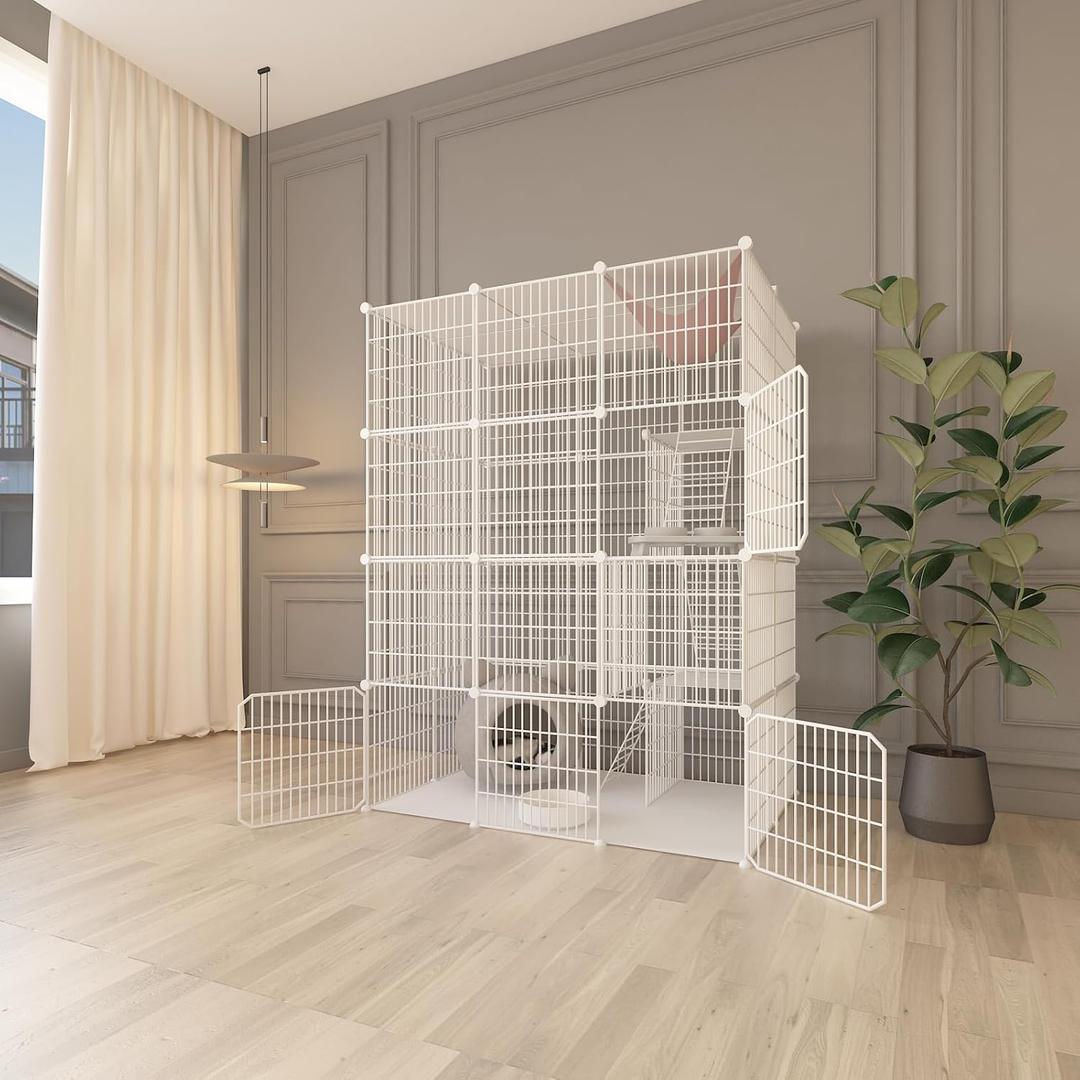 Cat Cage Indoor, DIY Cat Enclosures Detachable Metal Wire, Indoor Cat Crate Exercise Place Ideal for Kitty, Small Animals (White, 41" L x 28" W x 55" H), White 