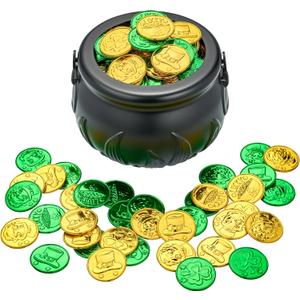 JOYIN 208 St Patricks Day Lucky Leprechaun Plastic Coins and 1 Large Black Cauldron with Handle Pot of Gold Party Supplies, St Patrick Decorations Party Favors