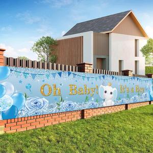 Baby Shower Backdrop with 118"X19.6", Oh Baby It's a Boy Porch Banner Sign, Long Size Welcome Door Hanging Banner for Baby Shower Party Decorations Indoor Outdoor (Blue)