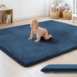 1.3" Thick Baby Floor Play Mat 50x50, Basic Padded Foam Mat for Tummy Time Crawling, Non Slip Cushioned for Babies Toddlers Infants Kids (Blue)