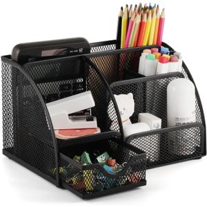 Mesh Metal Desktop Organizer Office Box with Pen Holder and Desktop Accessory Storage Basket, 7 Compartments, Black
