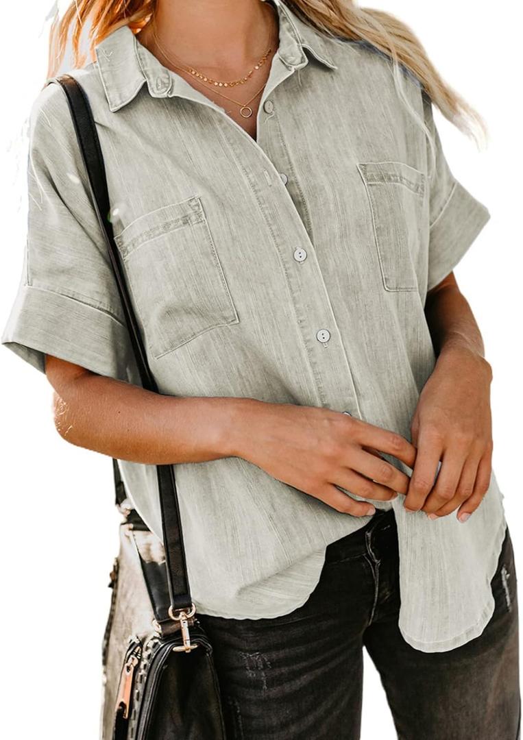 Astylish Women's Button Down Shirts V Neck Loose Casual Shirt (XX-Large)