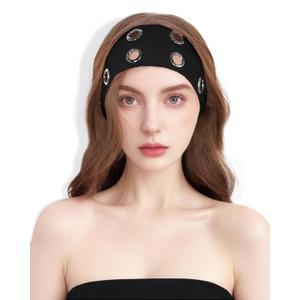 Grommet Headband for Women, Plus Black 23cm Hollow Out Elastic Hair Band, Eyelets Punk Grunge Stylish Hairband (1 Count (Pack of 1))