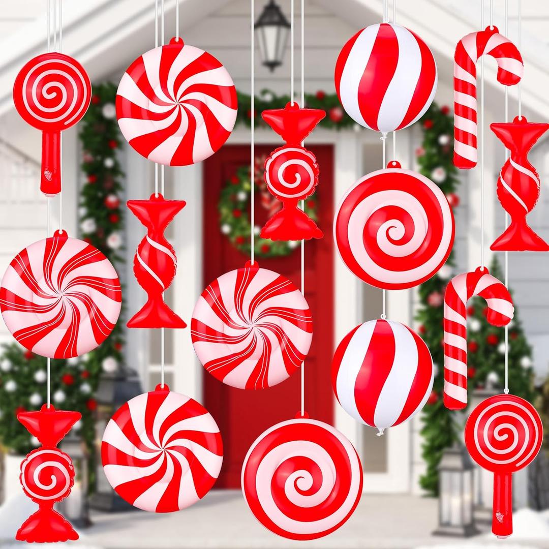 Jetec 16 Pcs Red and White Outdoor Christmas Inflatable Ornament Decoration 9 Inch Hanging Peppermint Lollipop Candy Decor Blow up Christmas PVC Balls for Xmas Tree Yard Porch Decor