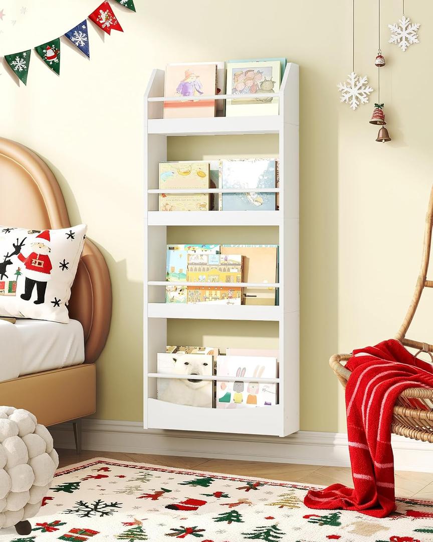 Kids Bookshelf, 15.7 Inch Wall Mounted Bookshelf, 4-Tier Nursery Book Shelves, Book Shelf for Kids Room, Bedroom, Living Room, Playroom, White MCW04WB